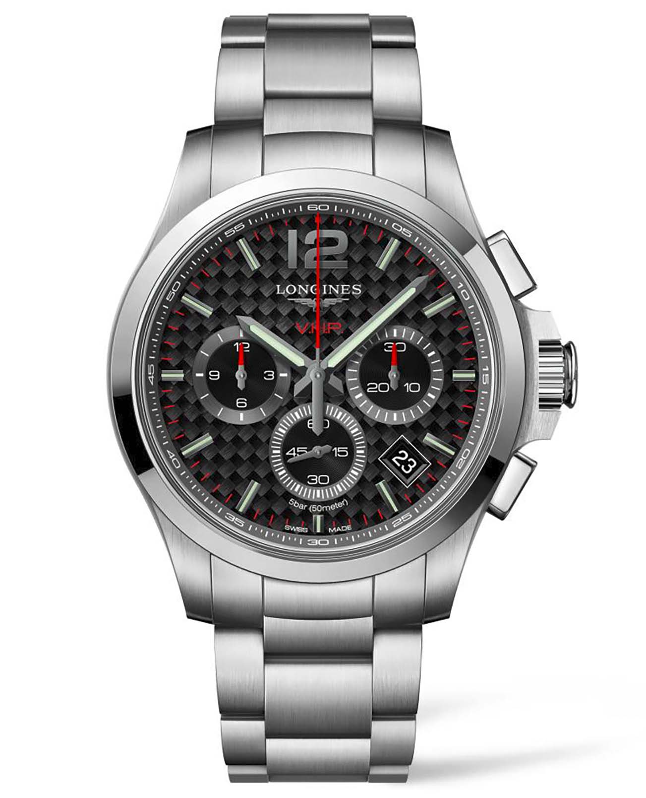 Longines Longines Conquest V.H.P. L3.717.4.66.6  L37174666 кварцевые мужские часы черный циферблат, браслет нержавеющая сталь — вид спереди